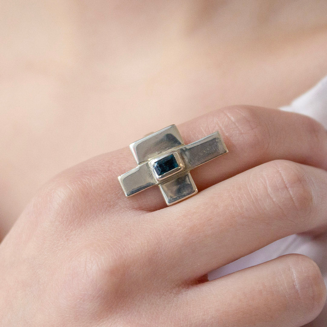 Bague Croix Tourmaline Bleue