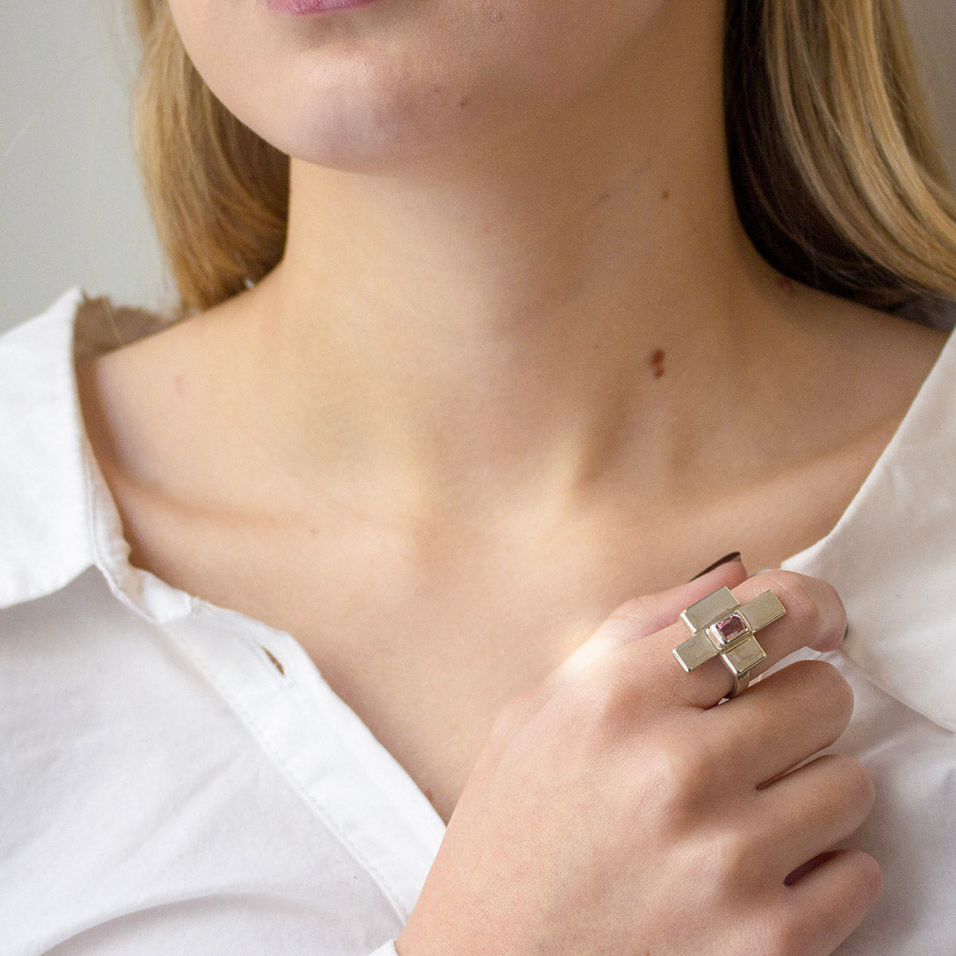 Pink Tourmaline Cross Ring